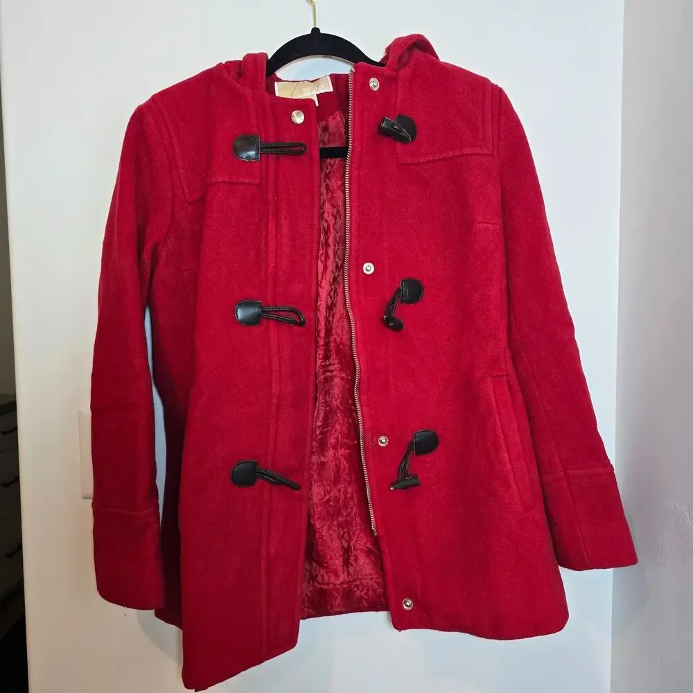 Michael Michael Kors 100%Wool Red Pea Coat Hoodie Jacket Size 4